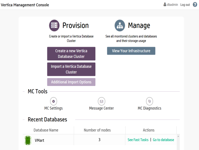 The MC home page, using the HPE theme, displays a white background with blue menu items.