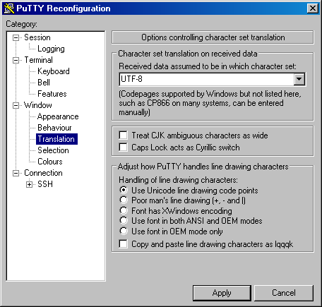 PuTTY terminal UTF-8 translation