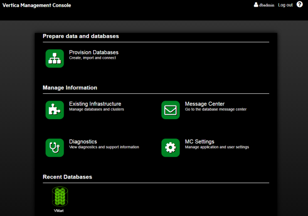 The MC home page, using the Vertica Classic theme, displays a black background with green menu items.
