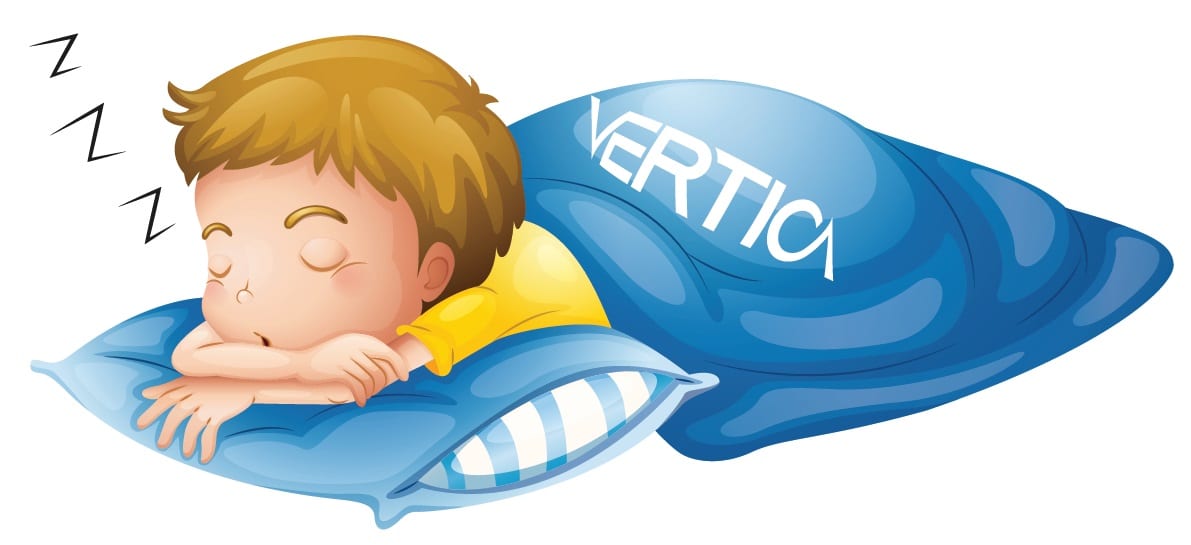 Child sleeping peacefully under a blue blanket labelled Vertica