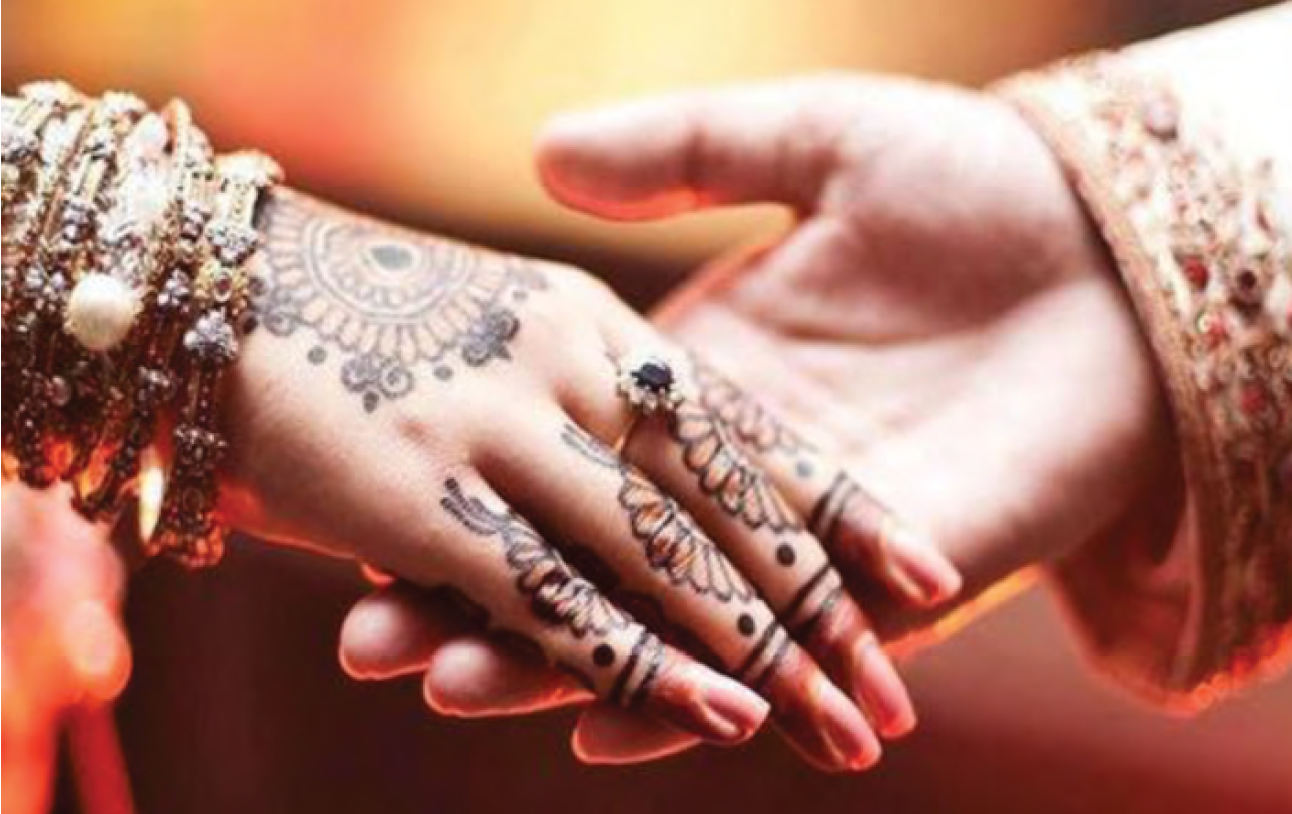 Woman's hand with ring and henna tattoos in man's hand in embroidered sleeve