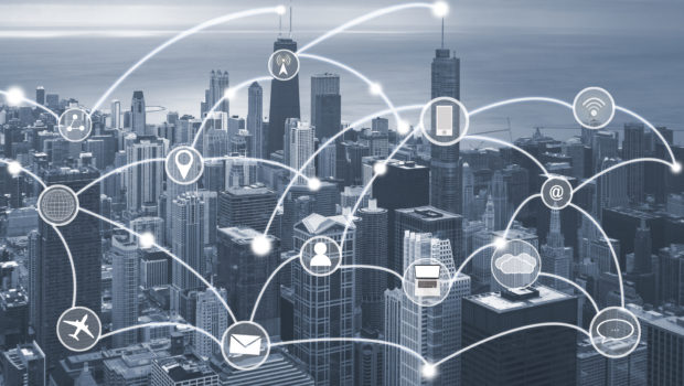 Chicago cityscape with various data type icons and network connection concept