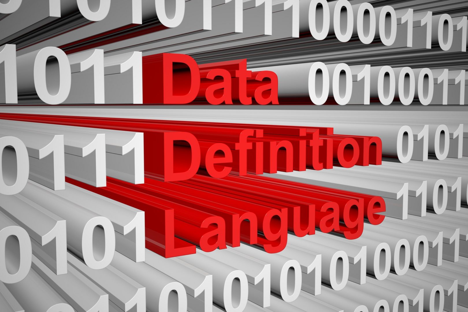 Data Definition Language in red 3D text in a field of white 3D ones and zeros