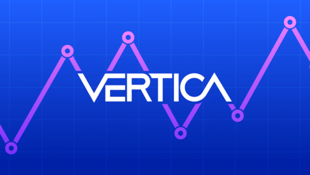 Vertica text on blue background with purple jagged data line
