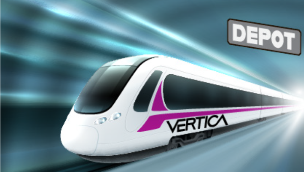 Bullet train rendering with Vertica on side, and zooming effect with "Depot" sign behind