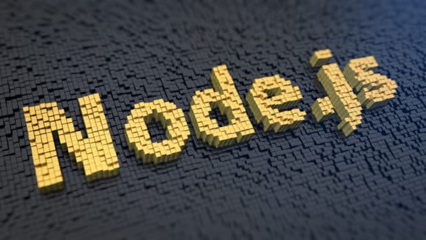 Word Node.js in yellow square pixels on a black matrix background. 3D illustration picture