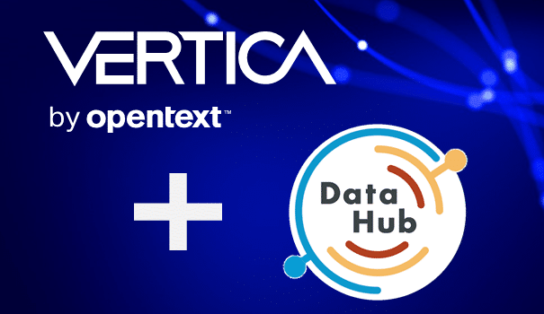 Vertica by opentext logo along with the datahub logo on a blue background