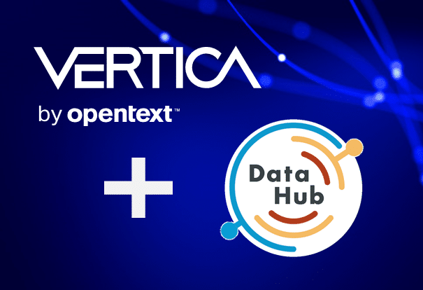 Vertica by opentext logo along with the datahub logo on a blue background