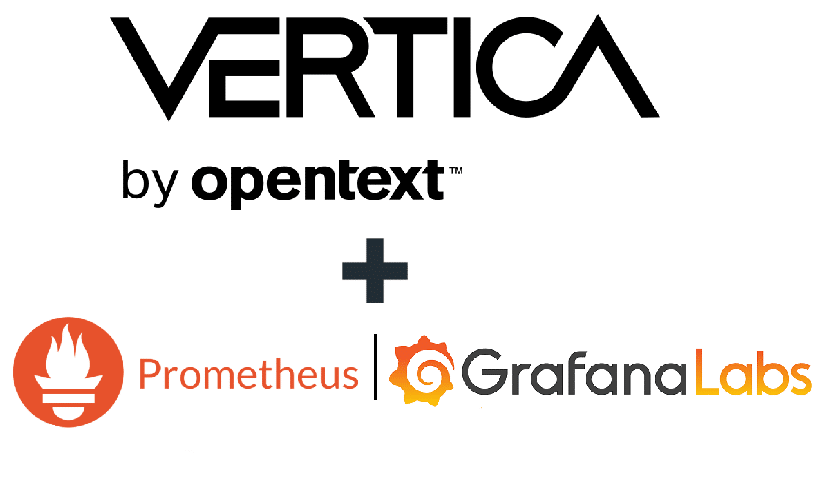 Vertica by opentext, logo with a plus sigh and Prometheus and GrafanaLabs logo seperated by a pipe symbol with a white background.