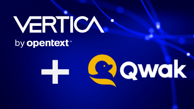 Vertica by opentext logo, a plus sign, and Qwak logo on a blue background